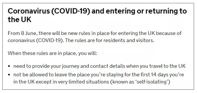 6月8日起 入境英国需隔离14天 6月8日起 入境英国需隔离14天