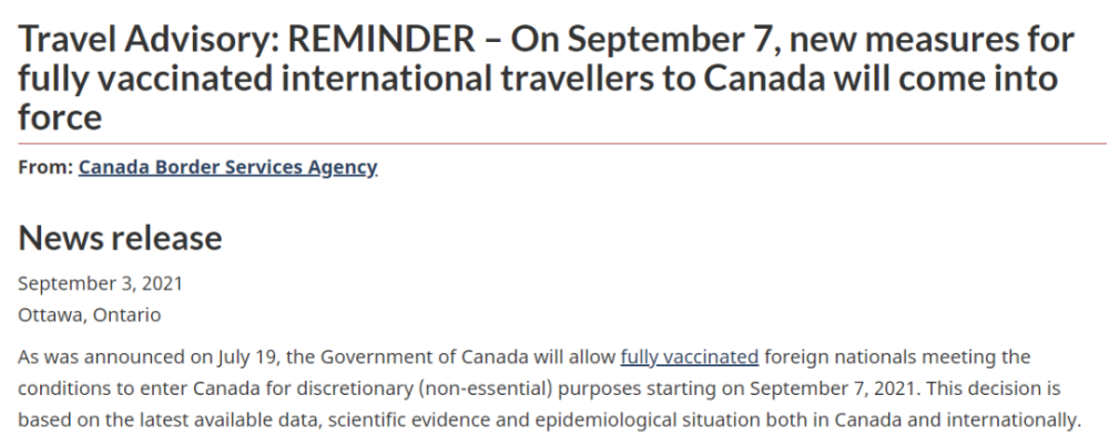 9月7日起加拿大国门开放，符合条件的国际旅客均可入境