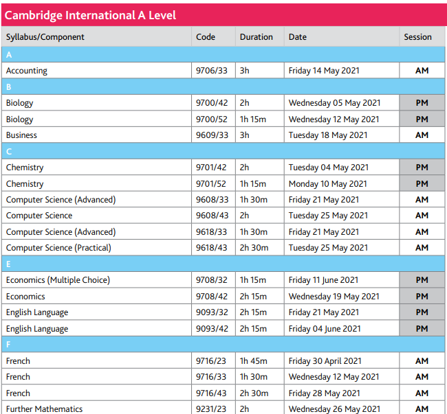 2021年A-Level考试时间安排