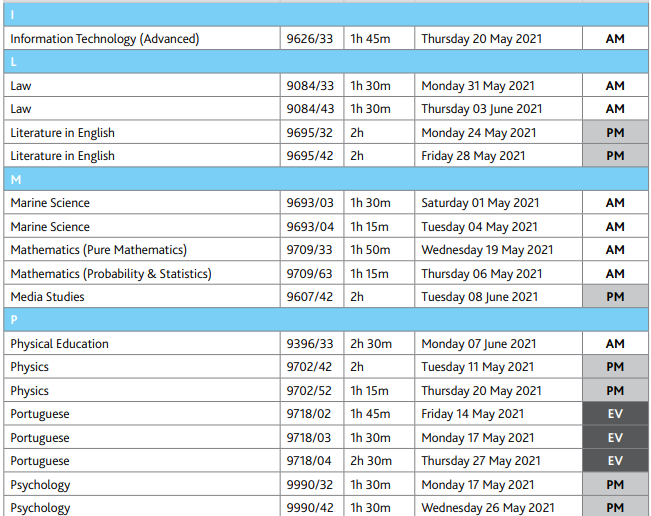 2021年A-Level考试时间安排