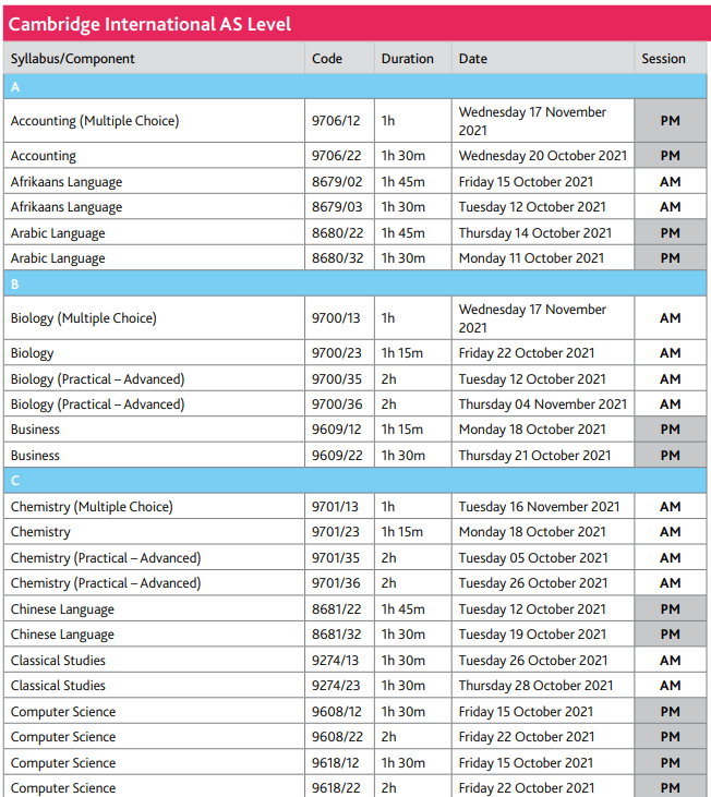 AS Level考试时间表